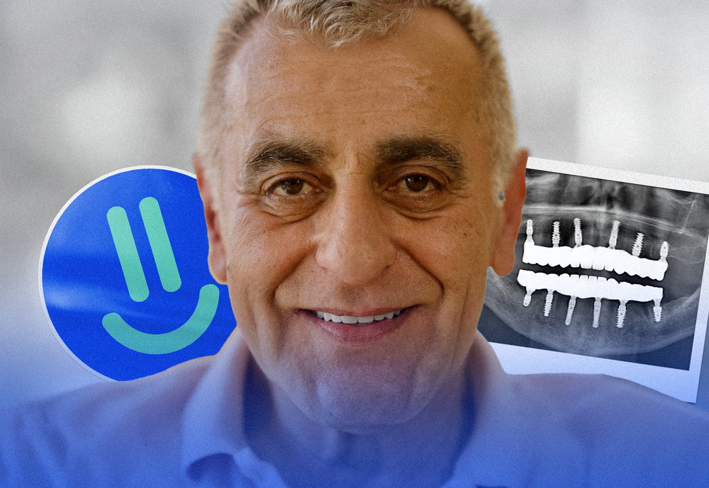 Ballıpınar dental implant patient next to his panoramic implant X-ray